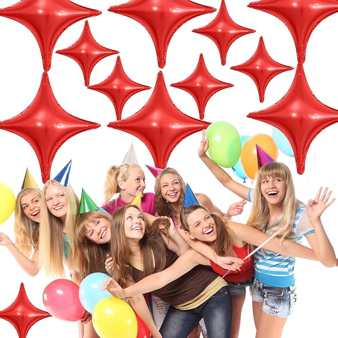 Red Star Balloons,12Pcs Four Angle Star Foil Balloons,26Inch and 10Inch Red Quadrangle Helium Balloon for Birthday New Year Christmas Anniversary Baby Shower Wedding Party Decorations