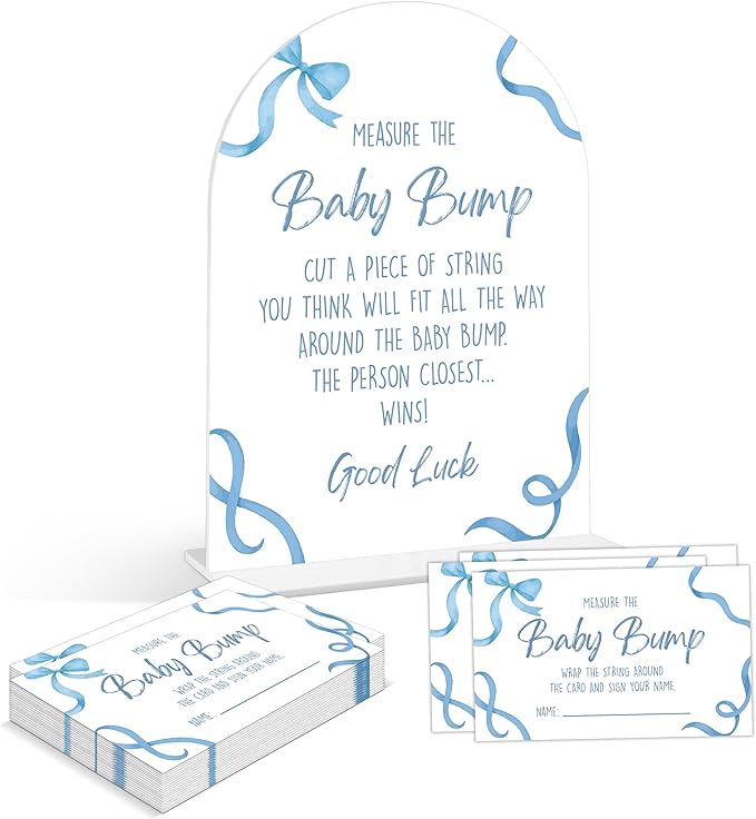 Baby Shower Games - Blue Bow Measure The Baby Bump Game, 1 Arch Acrylic Sign and 50 Guessing Cards, Gender Reveal Game, Blue Baby Shower Decoration Supplies (DP02)