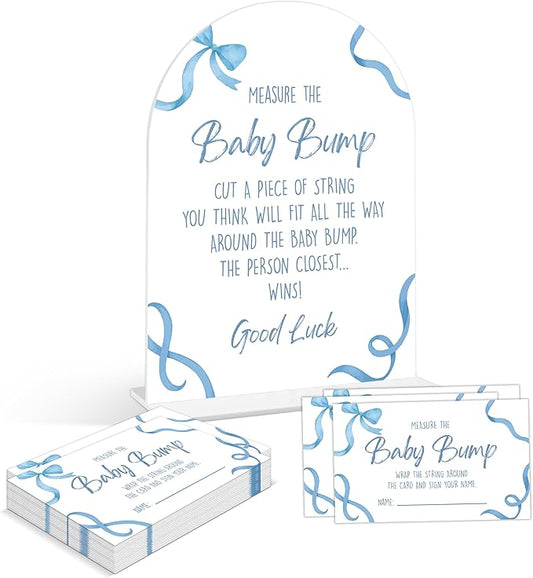Baby Shower Games - Blue Bow Measure The Baby Bump Game, 1 Arch Acrylic Sign and 50 Guessing Cards, Gender Reveal Game, Blue Baby Shower Decoration Supplies (DP02)