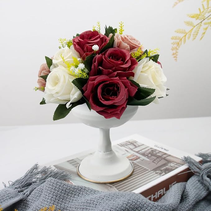 10Pcs Artificial Flower Balls for Centerpieces, Fake Floral Centerpieces Wedding Roses Bouquet for Parties Valentine's Day Wedding and Home Decor (Burgundy & Dusty Rose & White)