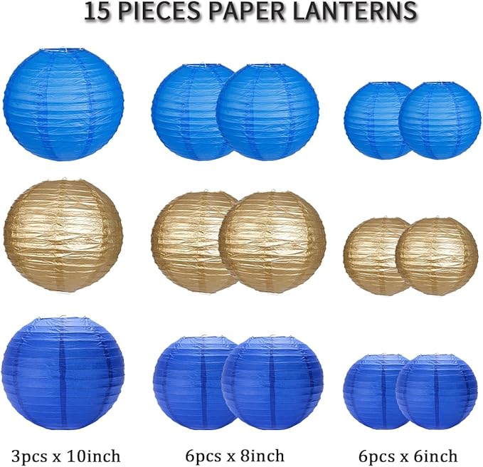 Paper Lanterns Party Decorations, Round Hanging Paper Lanterns Decorations for Graduation Anniversary Under The Sea Birthday Party Supplies Blue Gold 15pcs