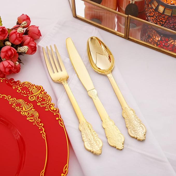 Morejoy 175PCS Red Plastic Plates,Red Disposable Plates With Gold Rim,Red and Gold Plastic Dinnerware Set Includes: 50 Plates,25 Silverware Sets,25 Cups,25 Napkins,Perfect for Party,Wedding