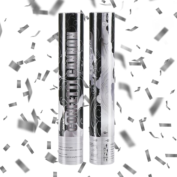 Wedding Confetti Poppers Silver, DOUKEE 2Pack Shiny Silver Mylar Confetti Poppers Cannon Party Shooter for Graduation, New Years Eve, Birthday Party Supplies -12 Inch