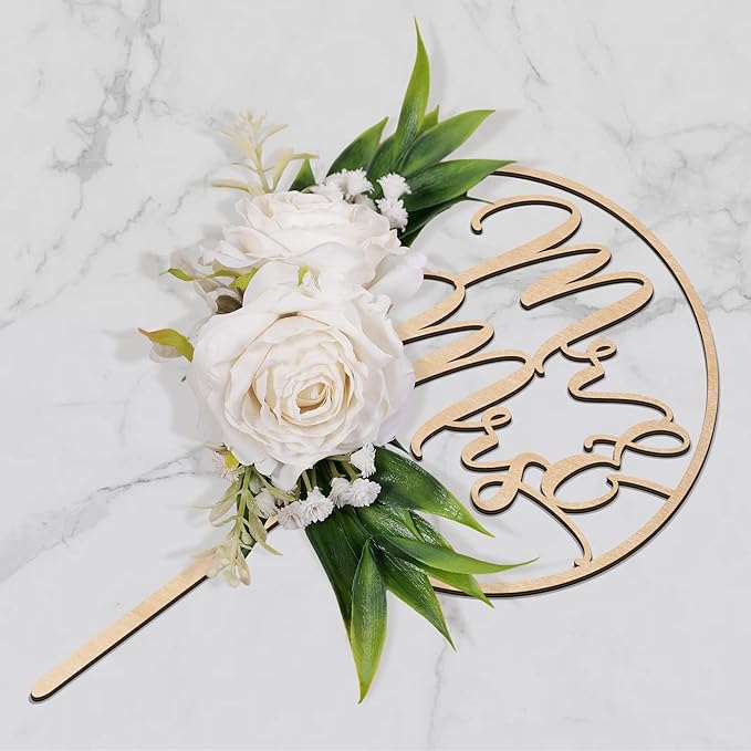Mr & Mrs Wedding Cake Topper with 3D Artificial White Flowers and Green Leaves Wooden Cake Decoration for Wedding 3D White Roses