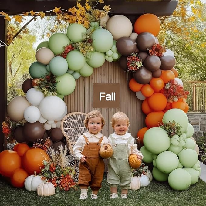 Fall Balloon Arch Garland Kit, Double Stuffed Sage Green Brown Orange White Balloon for Fall Autumn Dinosaur Thanksgiving Woodland Pumpkin Little Cutie Baby Shower Birthday Party Decor
