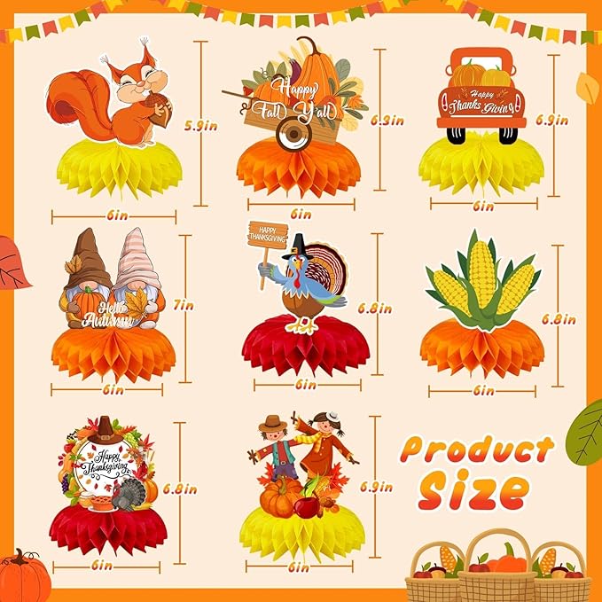 JULMELON 8Pcs Fall Party Decorations, Thanksgiving Table Decorations Honeycomb Centerpieces 3D Double Side Fall Festival Decor Turkey Pumpkin Table Toppers for Friendsgiving Family Party Favors