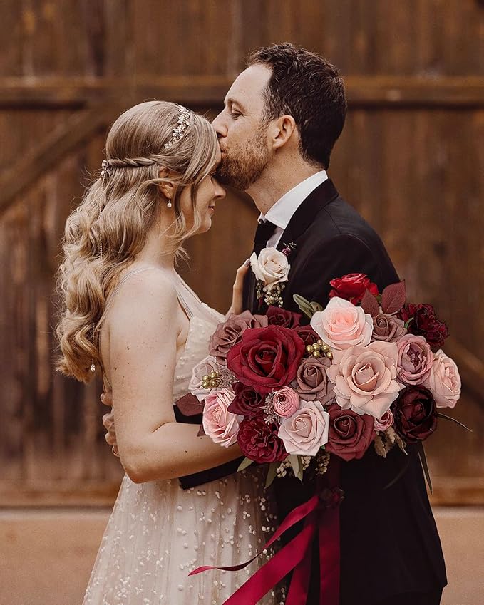 Roses Artificial Flowers Burgundy Fake Flower Bulk for DIY Wedding Bouquet Bridal Baby Shower Centerpiece Table Decorations Cake Decorating Silk Faux Floral Arrangements Party Home Decor Dusty