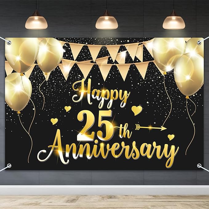HAMIGAR 6x4ft Happy 25th Anniversary Banner Backdrop - 25 Wedding Anniversary Decorations Party Supplies - Black Gold