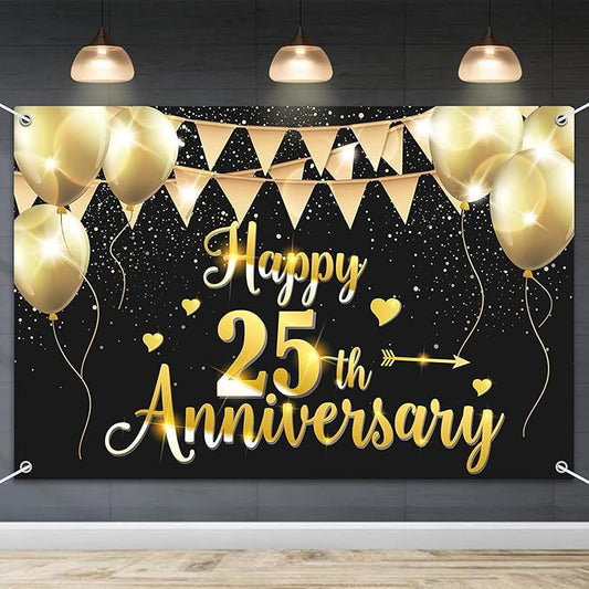 HAMIGAR 6x4ft Happy 25th Anniversary Banner Backdrop - 25 Wedding Anniversary Decorations Party Supplies - Black Gold