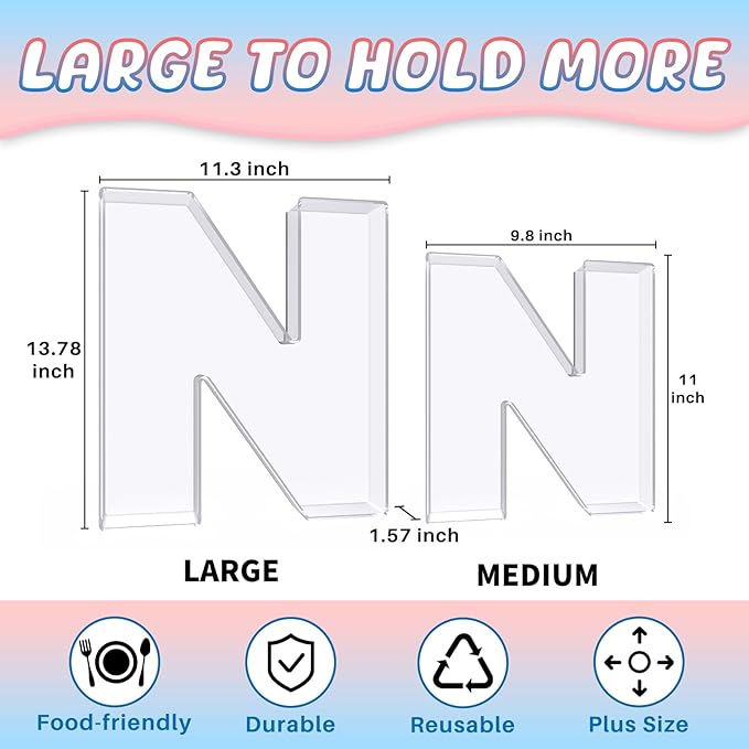 13.8" Extra Large Acrylic Letter Charcuterie Board Box, Reusable Fillable Letter Cake Candy Dish Display Serving Tray for Birthday Anniversary Party Decoration (N)