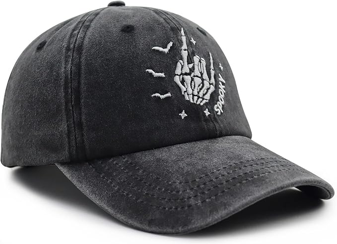 Halloween Spooky Hat for Men Women, Funny Adjustable Cotton Embroidered Skeleton Hand Baseball Cap