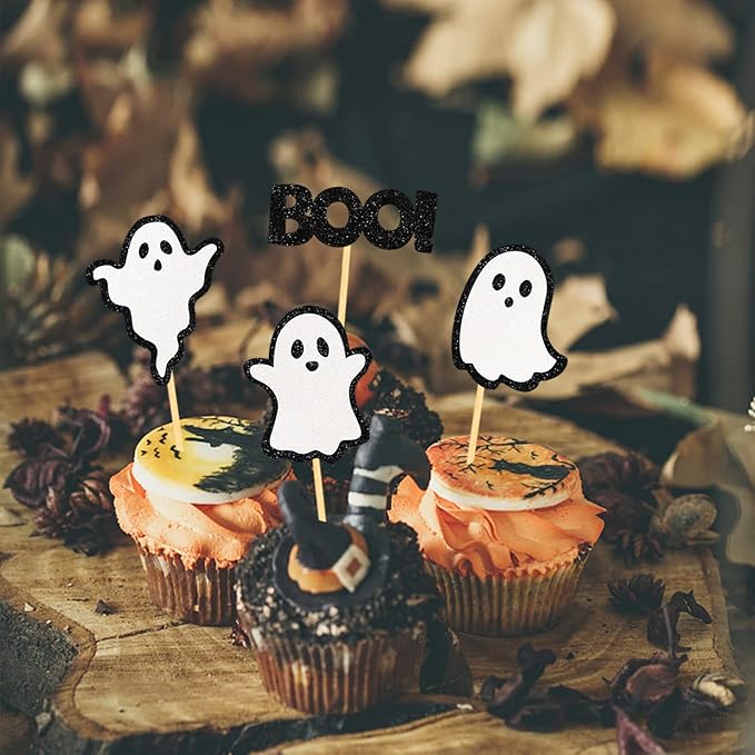 24 Pack Glitter Halloween Ghost Cupcake Toppers - Baby Shower Decor Gender Reveal Decorations (Black)