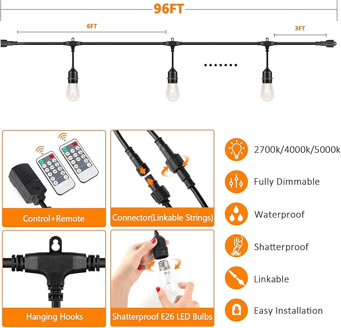 Lakumu 2-Pack 3 Color Dimmable LED Outdoor String Lights for Patio with Remotes, 96FT Waterproof Hanging Lights with Shatterproof Edison Bulbs for Bistro Backyard-Warm White/Neutral White/Daylight