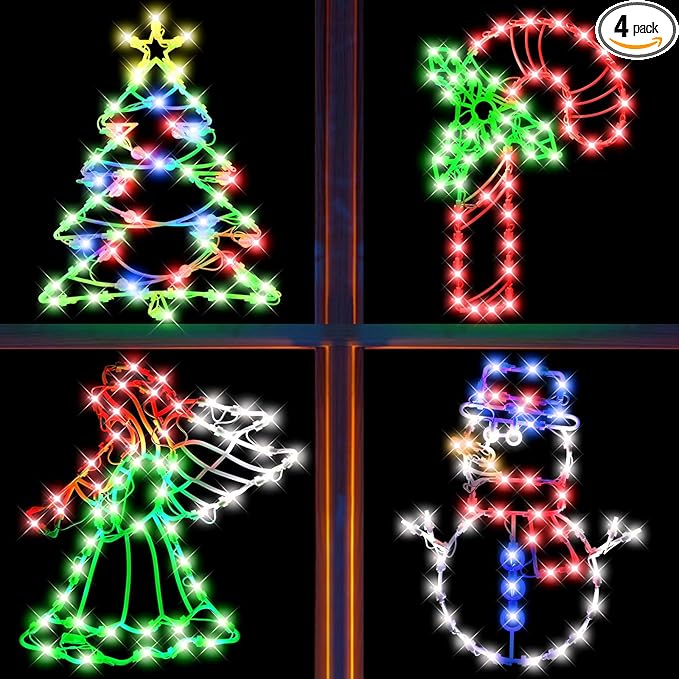 4 Pack Christmas Window Silhouette LED Lights Decorations, Angel, Xmas Trees, Candy Cane, Snow Man Christmas Window Light Decorations with 50 Bulbs for Holiday Wall Door Glass Decorations