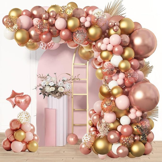 Rose Gold Balloons Garland Arch Kit, 140pcs Rose Gold Pink White Gold Confetti Latex Balloons for for Wedding Bridal Shower Princess Party Girl Birthday Baby Shower Decorations