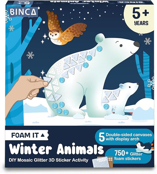 BINCA Foam Sticker Mosaic Art Activity, 750+ 3D Glitter Foam Stickers, 5 Winter Animals with Display Arch, Christmas Stocking Stuffers, DIY Mess-Free Activities, Gifts for Boys & Girls Ages 5,6,7,8