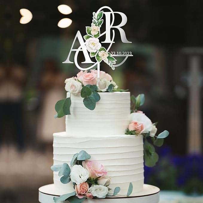 Personalized Wedding Cake Topper in Acrylic Custom Initials & Date Wedding Cake Decoration Printed with Flowers & Green Leaves