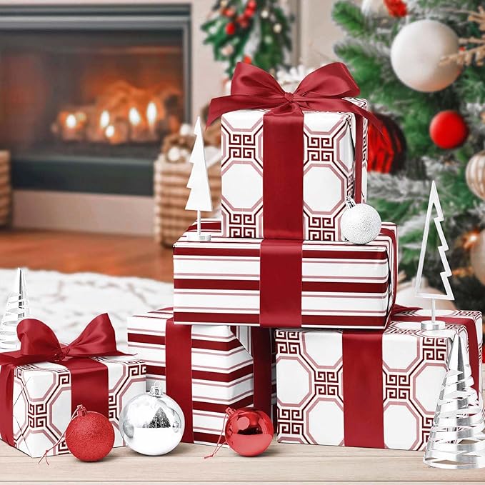 LaRibbons Reversible Minimalist Christmas Wrapping Paper, Greek Key Geometric & Striped Design - Burgundy Pink Modern Gift Wrap for Birthday, Holiday, Xmas Party Celebration, 17 Inch × 33 Feet
