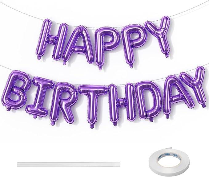 Purple Happy Birthday Balloon Banner, 16 Inch Lilac Happy Birthday Bunting Banner with Letter Foil Balloons for Girl Women Princess Galaxy Magic Witch Glam Theme Birthday Party Decorations Supplies