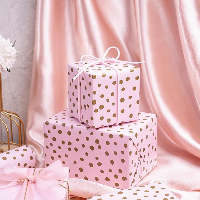 WRAPAHOLIC Reversible Wrapping Paper - Mini Roll - 17 Inch x 33 Feet - Pink Print and Gold Delicate Polka Dots Design for Birthday, Holiday, Wedding, Baby Shower