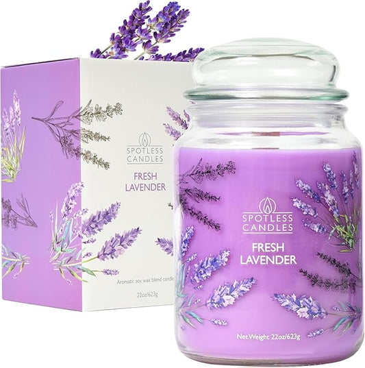 Fresh Lavender Candle 22oz Glass Jar with Wooden Wick in a Decorated Jar Within a Presentation Gift Box and Protective Shipping Box