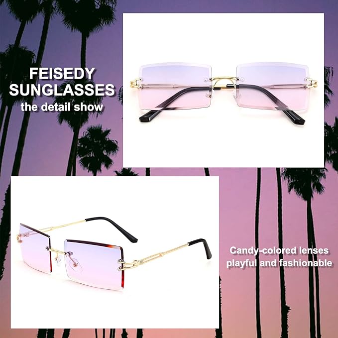 FEISEDY Vintage Rimless Sunglasses Rectangle Frameless Candy Color Glasses Women Men B2642