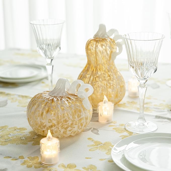 Glitzhome Hand Blown Glass Pumpkin Decor 8.5" Amber - Artisan Fall Harvest Thanksgiving Table Centerpiece Halloween Home Decor