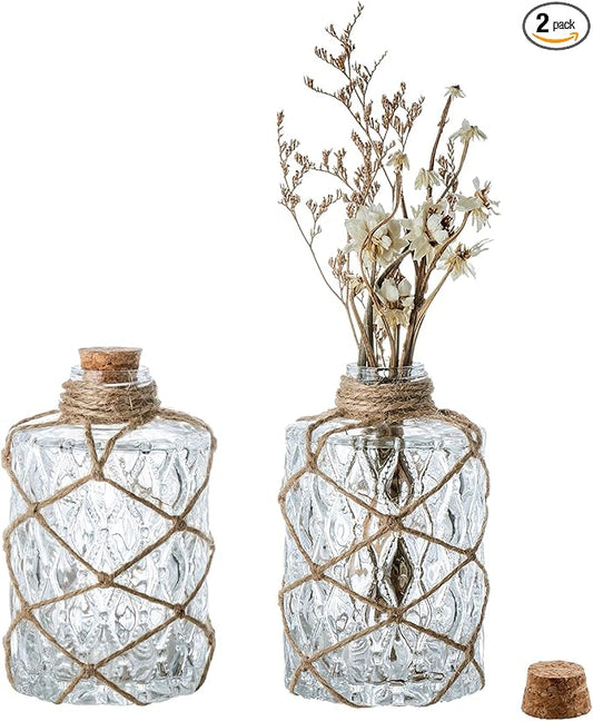 MyGift Set of 2 Rustic Embossed Glass Bud Vases with Cork Lids and Hand-Woven Hemp Rope – Apothecary Style Decorative Bottles for Farmhouse, Vintage, or Boho Home Decor