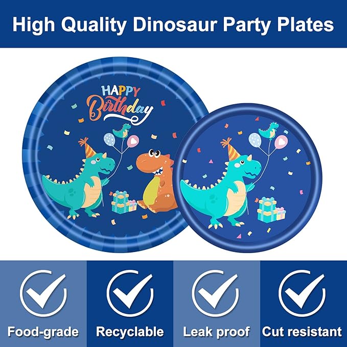 96 PCS Dinosaur Party Supplies Blue Dinosaur Birthday Party Tableware Set for Boy Kids Blue Dino Plates Napkins Forks Party Decorations for 24 Guests