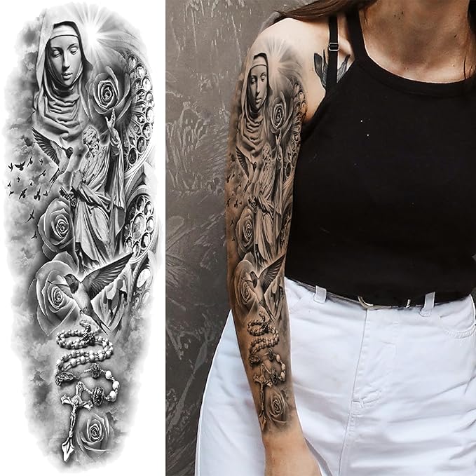Christian Cross Temporary Tattoo Sleeve for Men, 4-Sheet Full Arm Large Religious God Jesus Fake Tattoo Sleeve Women Adult and 4-Sheet Realistic Lion Cross Christ Pray Half Temp Tatoo Sticker Leg Body