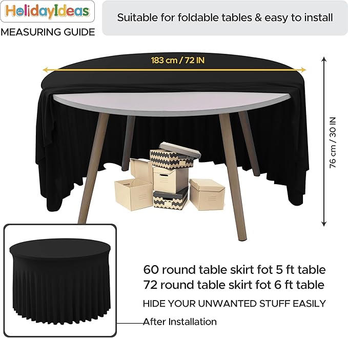 HolidayIdeas Black Spandex 72 in Round Tablecloths, Fitted Stretch Table Skirts for 6ft Round Table, Wrinkle-Free Ruffle Design Tablecloths for Banquets,Trade Shows, Parties, Events, 4 Pack