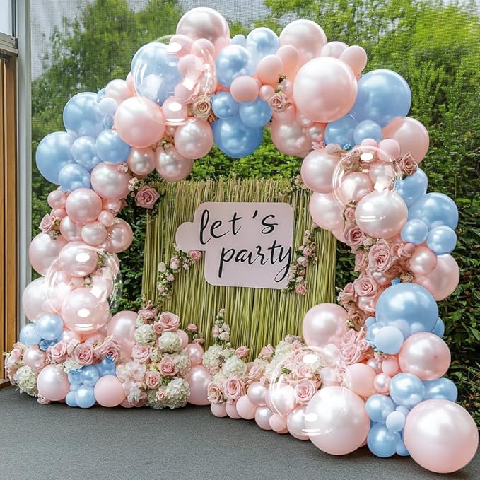 Pearl Pink Balloon Arch Double Stuffed Pastel Light Baby Pink Balloon Garland Different Sizes 12/10/5in With Clear Bobo Balloons for Birthday Wedding Bridal Baby Shower Engagement Party Decor