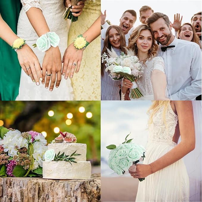 100Pcs Light Green Artificial Flowers Realistic Roses, Real Looking Fake Roses with Stem for DIY Wedding Bouquets Centerpieces Bridal Shower Party Home Romantic Decorations (Light Green, 100pcs)