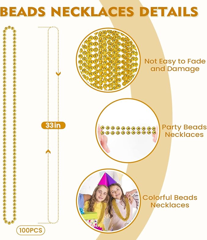 100 PCS Gold Bead Necklace, Gold Mardi Gras Christmas Beads Necklaces 33" Metallic Beaded Costume Necklaces Party Necklaces for Mardi Gras Parade Throws Wedding Birthday Pirate Party Favors