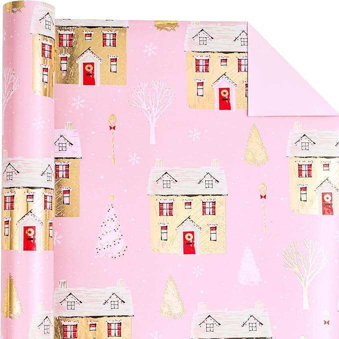 WRAPAHOLIC 30 Inch Jumbo Reversible Christmas Wrapping Paper - 30 Inch x 33 Feet - Pink House and Solid Pink Wrapping Paper with Metallic Foil Shine for Chrsitmas, Holiday, Party