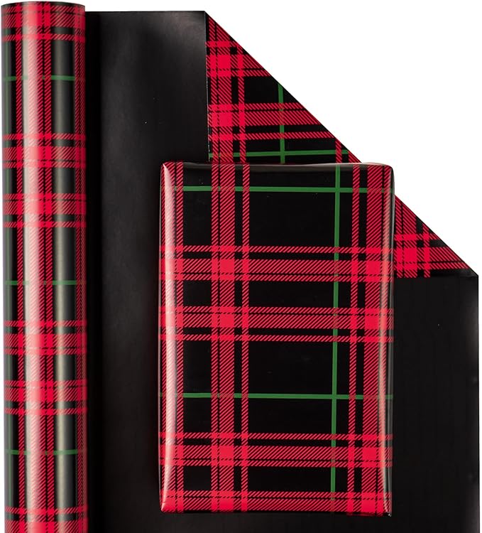 WRAPAHOLIC 30 Inch Jumbo Reversible Plaid Wrapping Paper - 30 Inch x 33 Feet - Red and Black Plaid Christmas Wrapping Paper for Christmas, Birthday, Baby Shower, Holiday