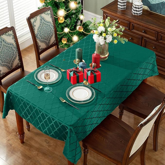 SASTYBALE Jacquard Christmas Tablecloth Flower Pattern Polyester Christmas Table Cloth Spill Proof Wrinkle Resistant Table Cover for Xmas Holiday Party Decor (Rectangle, 52" x 70" (4-6 Seats),Green)