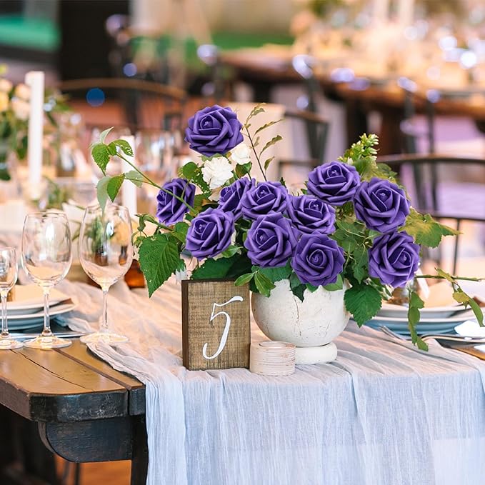 100PCS Dark purple Artificial Flowers Realistic Roses, Real Looking Fake Roses with Stem for DIY Wedding Bouquets Centerpieces Bridal Shower Party Home Romantic Decorations (Dark purple, 100pcs)