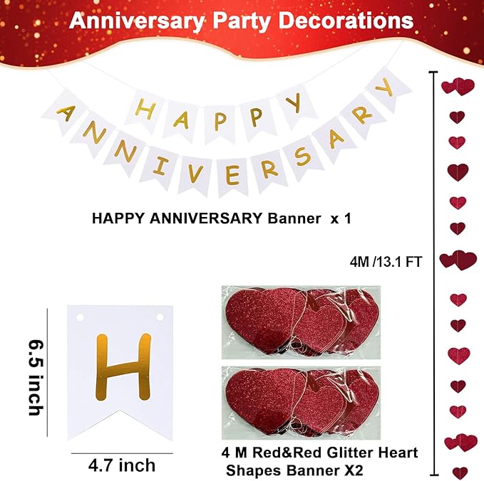 Happy Anniversary Banner Balloons Wedding Love Party and Background Indoor Outdoor Decorations (Red Heart)