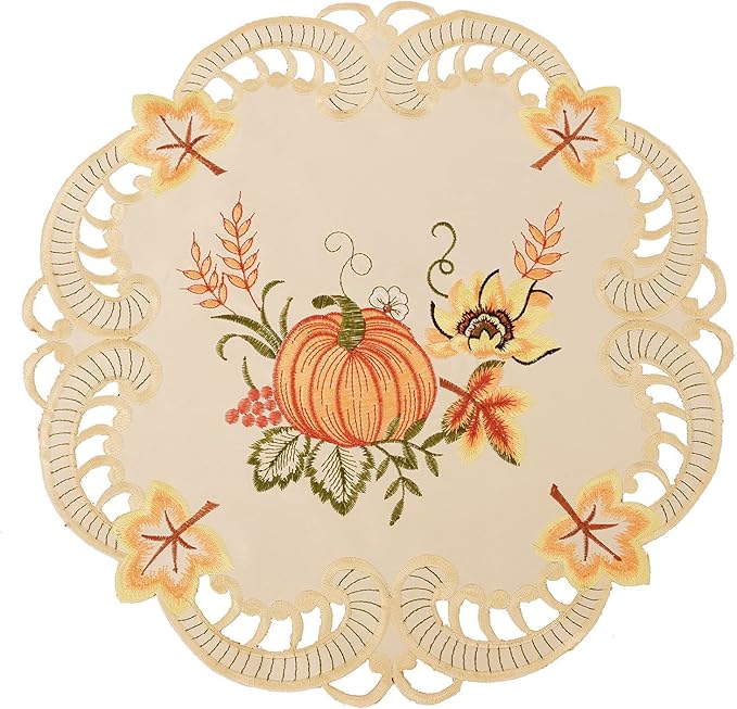 Simhomsen Thanksgiving Harvest Pumpkins Round Doily Placemats for Autumn Or Fall Decorations, Embroidery (15 Inch Round Doily Set of 4)