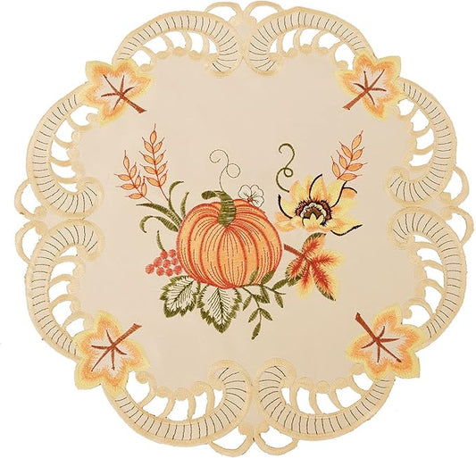 Simhomsen Thanksgiving Harvest Pumpkins Round Doily Placemats for Autumn Or Fall Decorations, Embroidery (15 Inch Round Doily Set of 4)