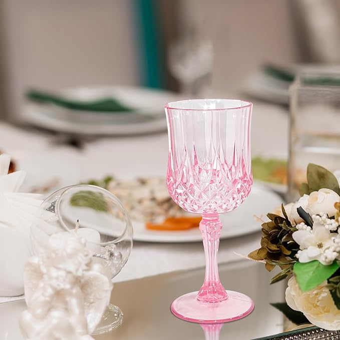 48 PCS Plastic Pink Wine Glasses, Plastic Goblets Pink Vintage Wine Glasses, Reusable Drinkware Vintage Champagne for Parties for Wedding Reception Grand Event Party, 7oz