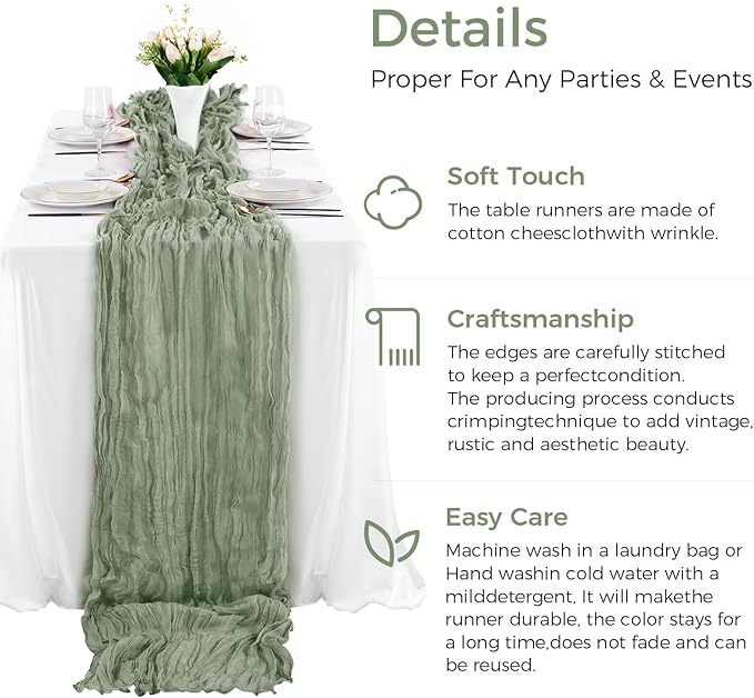 12 Pack Cheesecloth Table Runner 10Ft Boho Gauze Table Runner Cheese Cloth Long Rustic Sheer Table Runner for Wedding Bridal Baby Shower Birthday Party Cake Table Arbor Decorations (Sage Green)
