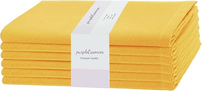 PurpleEssences Set of 6 Cloth Dinner Napkins 100% Cotton 18x18 Inch - Soft Durable Washable - Ideal for Farmhouse Party Christmas Holiday Winter - Perfect Everyday Use Table Linen - Golden Yellow