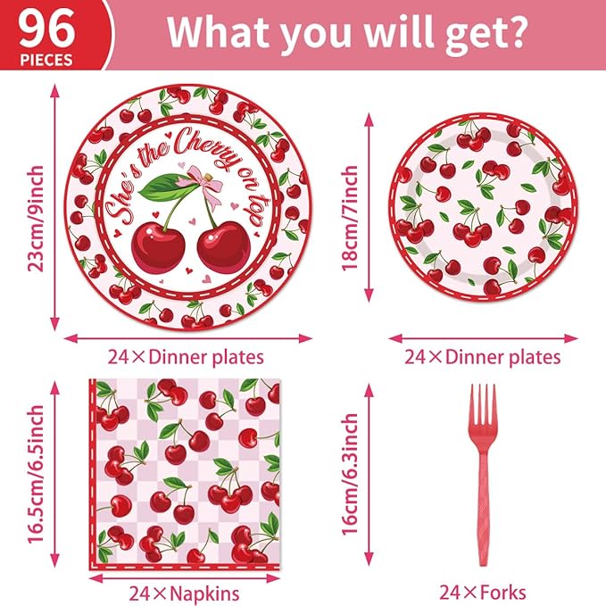 96 Pcs Cherry Birthday Decoration Disposable Tableware Set - She's the Cherry On Top Paper Plates Napkins Forks Fruit Cherry Theme Birthday Baby Shower Party Supplies for Serve 24 Guests