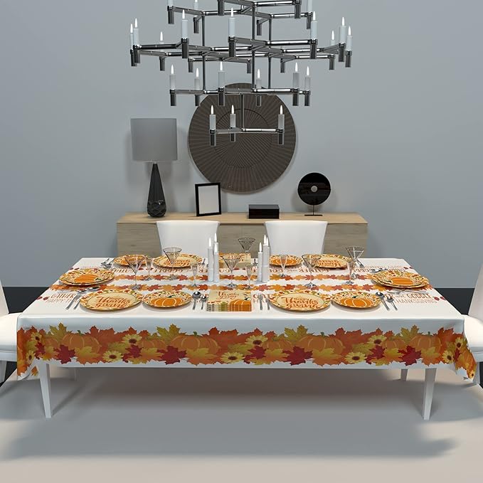 ATFUNSHOP Thanksgiving Tablecloth 2 Pack 54" X 108" Disposable Fall Table Cover Party Supplies Pumpkins Turkey Water Proof Plastic Table Cloth for Thanksgiving Decoration Dinner Party