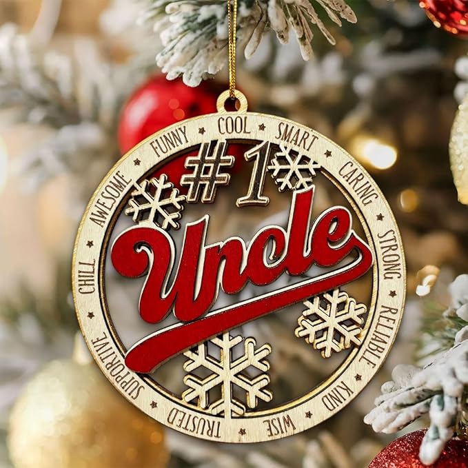 #1 Uncle Wooden Christmas Ornament – Best Uncle Holiday Tree Hanging Decoration, Rustic Family Xmas Gift with Snowflakes & Words