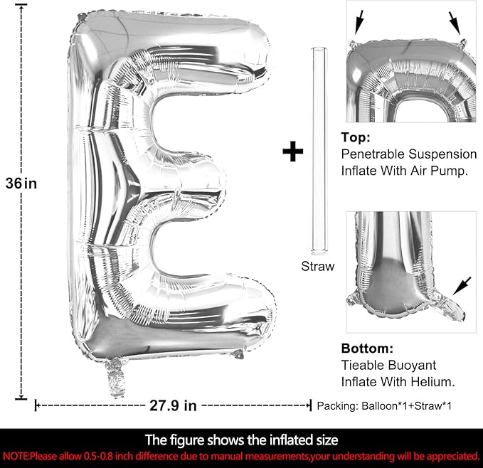 Lovoir 40 Inch Large Silver Letter E Balloons Big Size Jumbo Mylar Foil Helium Balloon for Birthday Party Celebration Decorations Alphabet Silver E