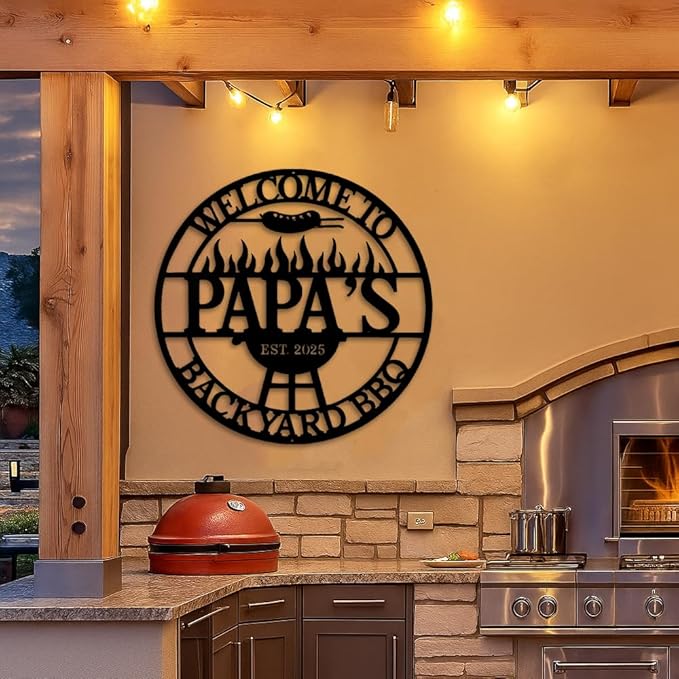 Custom Backyard BBQ Metal Sign, Personalized Papa’s Grill and Barbecue Plaque with Fire Pit Design, Outdoor Patio Yard Wall Decor, Rustic Metal Wall Art, Gift Idea for Birthday, Christmas, Holiday