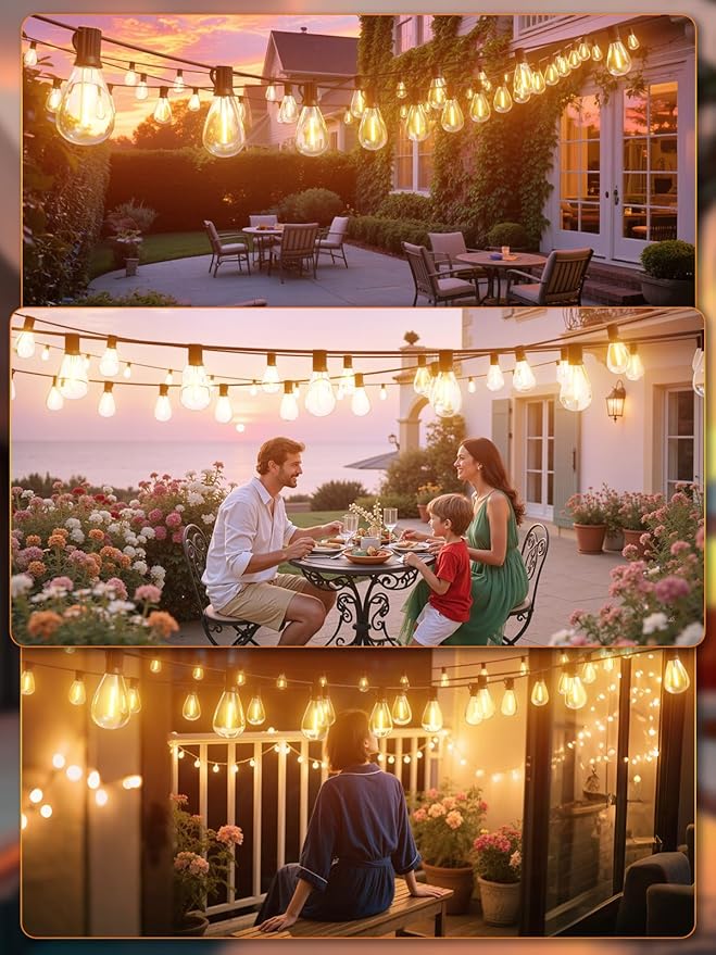 luckystyle 150FT LED Outdoor String Lights with Remote, 55+2 Shatterproof Bulbs Waterproof and Dimmable Patio Lights for Porch, Garden, Backyard, Deck, Balcony, 2200K Hanging Lighting